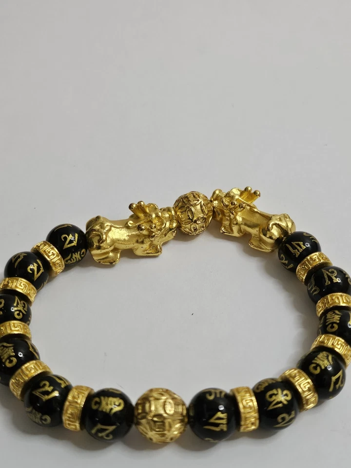 Feng Shui Lucky Nafu Wealth Bracelet Gold Black Bead Obsidian - Image 2 of 4