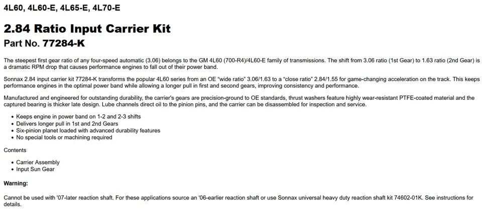 Sonnax 77284-K Kit Planeta Delantero Transmisión, Relación 2.84 con Engranaje Solar Entrada 4L60E Foto 3 de 3
