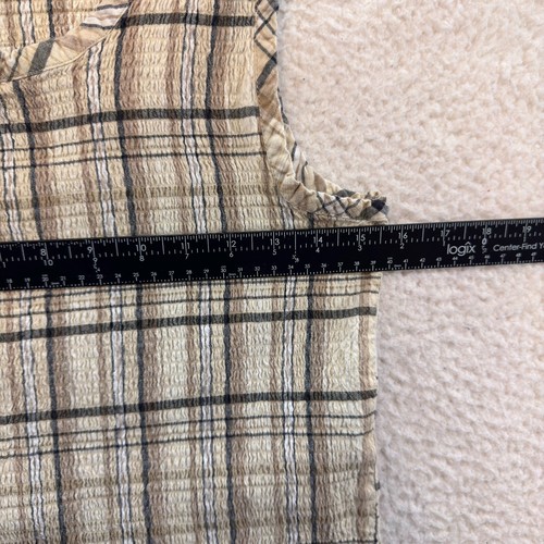 90s Vintage Smock Top XL Tan Beige Plaid Ruched Sleeveless - Picture 4 of 6
