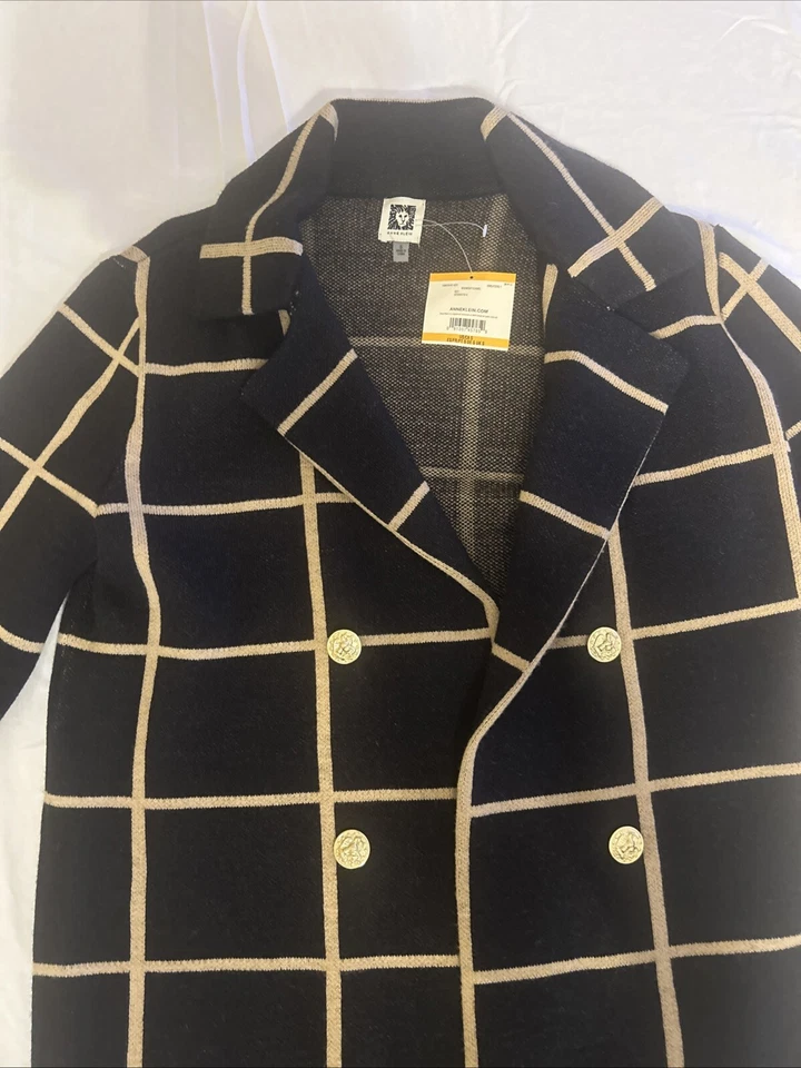 Abrigo Anne Klein Mujer Azul/Marrón Doble Pecho Cuadros Manga Larga Talla S Foto 3 de 4