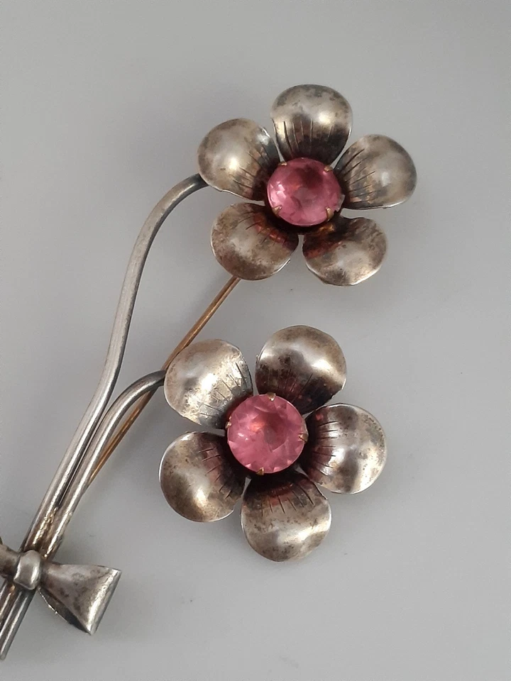 Broche de Colección Plata de Ley Oro Débil Lavado Flores y Lazo Piedra Rosa Conjunto de Puntas  Foto 3 de 4