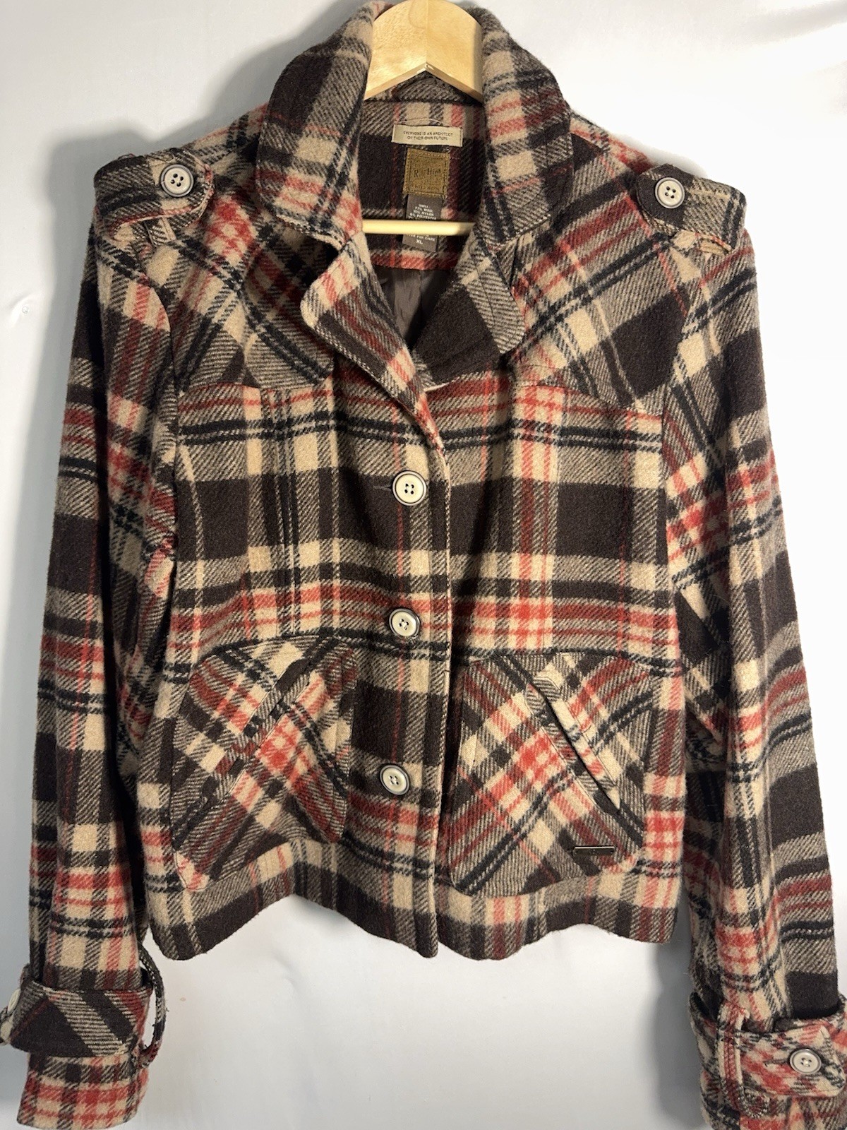 Ruff Hewn Plaid Wool Blend Cropped Jacket Womens XL Brown Red Button Front
