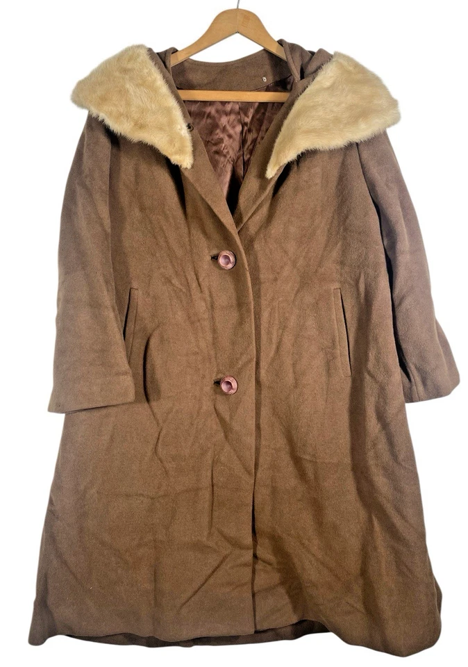 Abrigo Columpio de Lana Años 50 XL Cuello de Piel Para Mujer Marrón Antiguo Hollywood Hecho en Unión Foto 3 de 4