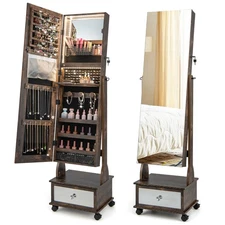 Jewelry Cabinet Armoire Full-Length Mirror Lockable w/ 3-Color LED Lights Coffee