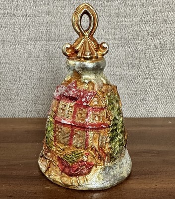 Hand Painted 3D Christmas Bell with Sleigh Scene adorned with Glitter. Vintage
