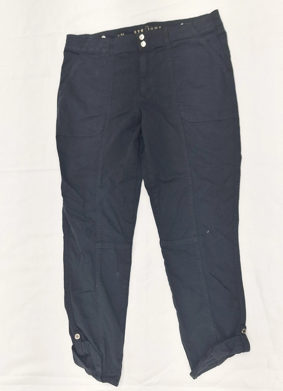 Straight Crop Pants Womens 14 Black Casual Utility Roll Tab Ankle Capri