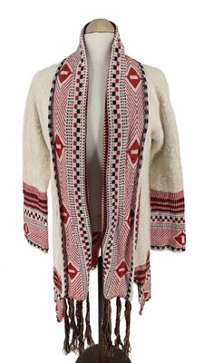 Max Sport Azteken Strickjacke offen Strick Boho creme rot Muster Fransen L