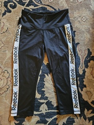 Reebok Women s Capri Leggings M Black/White Logo Side Panels Elastic Waist