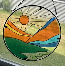 Large Sunrise Mountain Scene Sun Catcher Painted Glass 10  Retro Style Colors