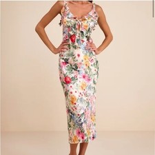 Lulus Clelia Ivory Multi Floral Satin Ruffled Tie-strap Midi Dress White S
