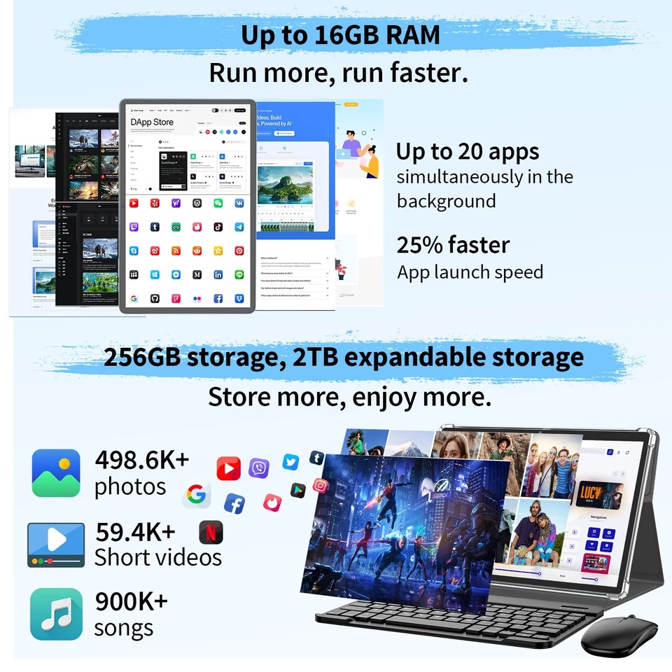 安卓 15 平板电脑带键盘,16GB(8+8)RAM+256 存储(扩展至 2TB),800... — 第 3/4 张图片