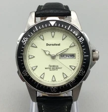 Armitron Durasteel Watch Mens 40mm Day Date Black Bezel Leather New Battery