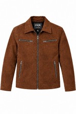 Chaqueta de gamuza de cuero genuino marrón para hombre XL regular 46-48 pulgadas forrada con cremallera completa