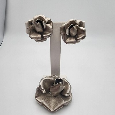 Vintage Napier Sterling Silver Flower Brooch & Clip-On Earrings Set