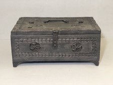 Vintage Hand Carved Wooden Chest Box with Metal Hardware Folk