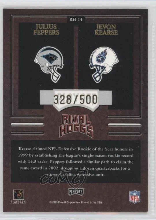 2003 Playoff Hogg Heaven Rival Hoggs /500 Jevon Kearse Julius Peppers #RH-14 HOF - Image 2 of 2