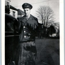 c1940s WWII US Army Soldier Uniform Overcoat Cap Sedan Car Street Snapshot Photo
