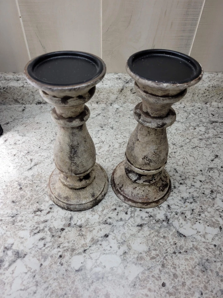 Rustic Distressed Wood Pillar Candle Holders Set of 2 - Image 2 of 4
