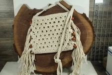 Sun N Sand Macrame Fringe Cream Tan Crossbody Bag Beads Beachy Boho