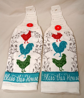 2 Crochet Top Kitchen Towels Colorful Bless This House Roosters & FREE Dishcloth