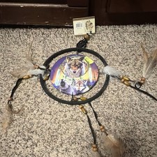 Wolf Dream Catcher Wall Hanging, Black Hoop with Feathers, Made in China