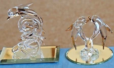 Two Hand Blown Dolphin Figurines on Mirror Bases. Collectable Glass Ornaments.