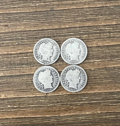 1906, 1908, 1914 And 1916 Barber 10c Silver Dimes Lot of 4 Actual Coins Pictured