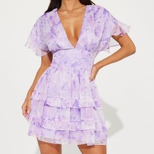 Fashion Nova Women's Lavender Sierra Chiffon Mini Dress S/XL Fairy Boho Ruffle