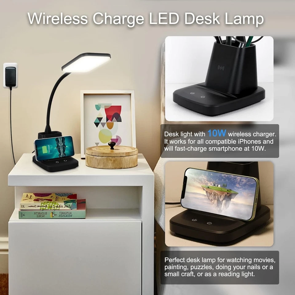 Desk Lamp, LED Desk Lamps for Home Office, Wireless Charger Small Desk Lamp with - Image 2 of 4