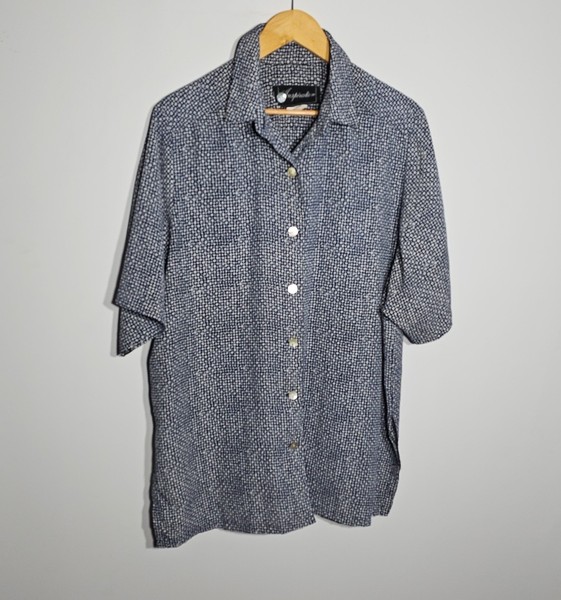 Retro Womens Nylon Button-Up Shirt Blue White 60cm Bust Plus Free Postage