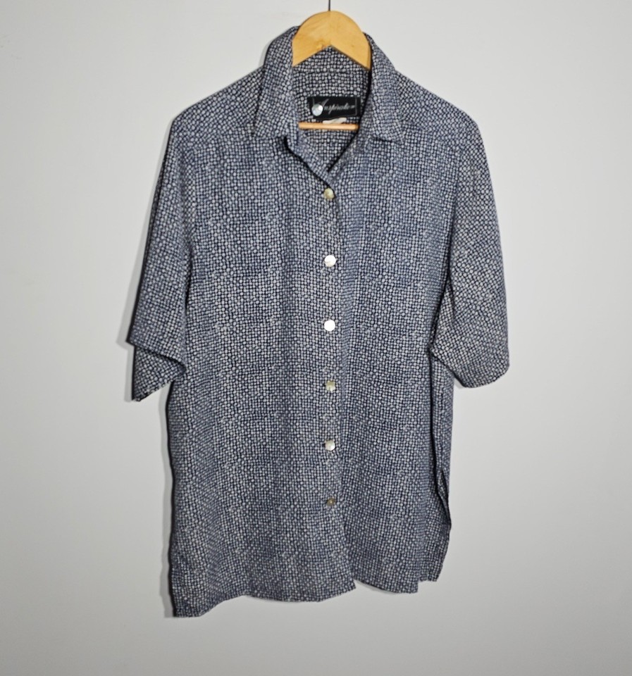 Retro Womens Nylon Button-Up Shirt Blue White 60cm Bust Plus Free Postage