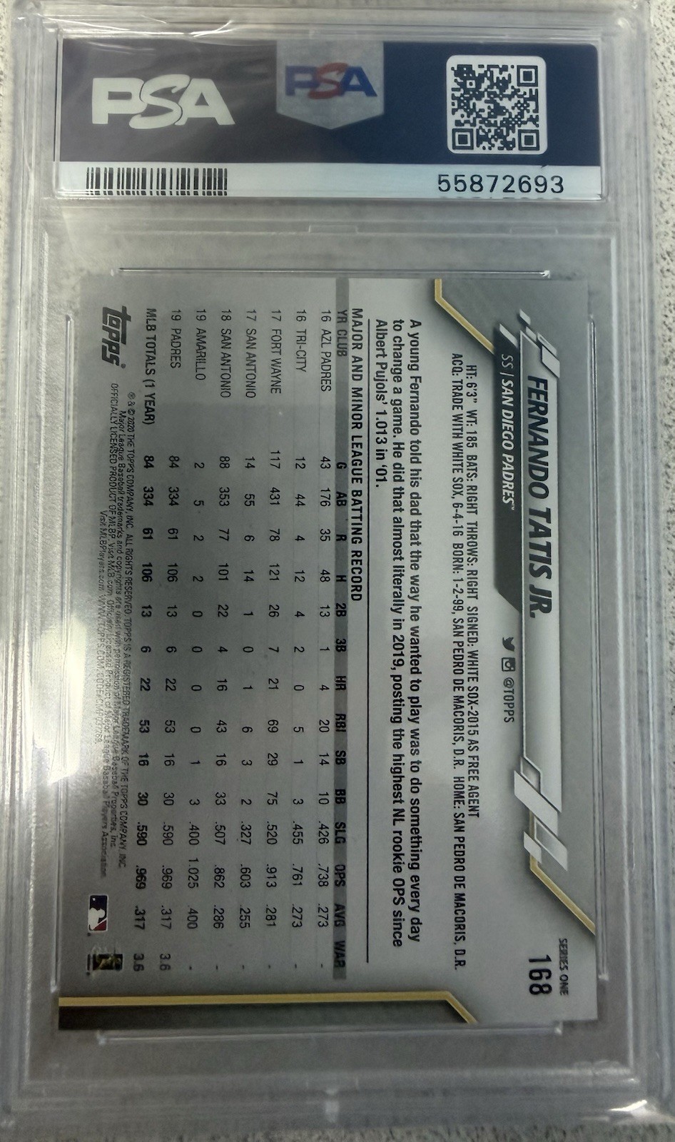 Topps 2020 Topps #168 Fernando Tatis Jr. Fielding San Diego Padres PSA 9 view 2