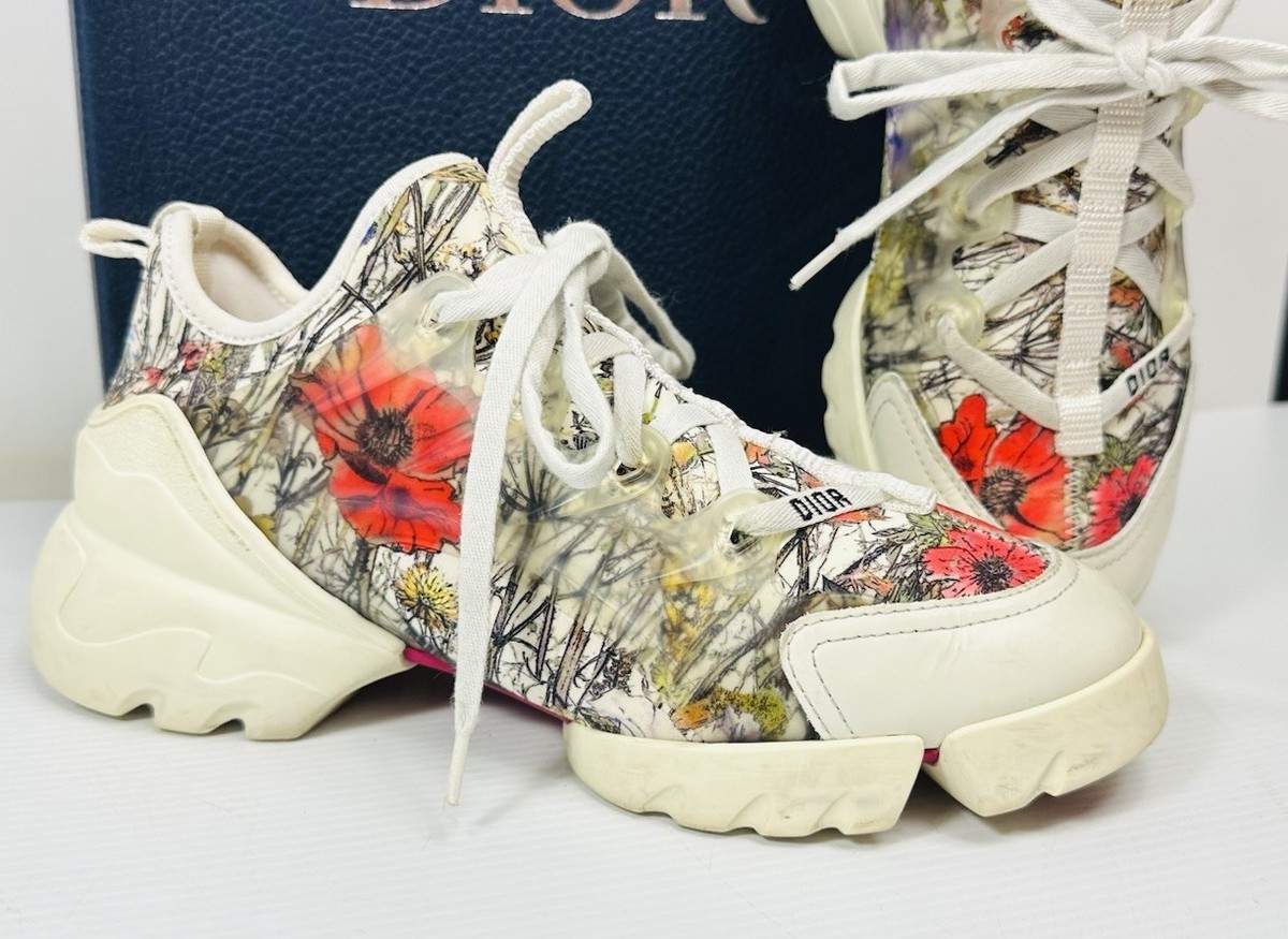 Dior D Connect Mille Fleurs White Red Floral Lace Up Flat