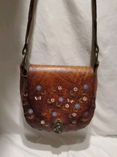 Vintage Canale Hand Tooled Painted Flowers Leather Saddle Bag Boho Western Purse