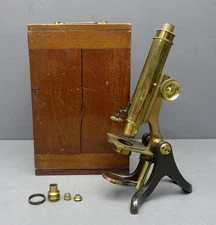 Antique Henry-Crouch London Brass Field Microscope1942 w/ Wood Box *Incomplete*