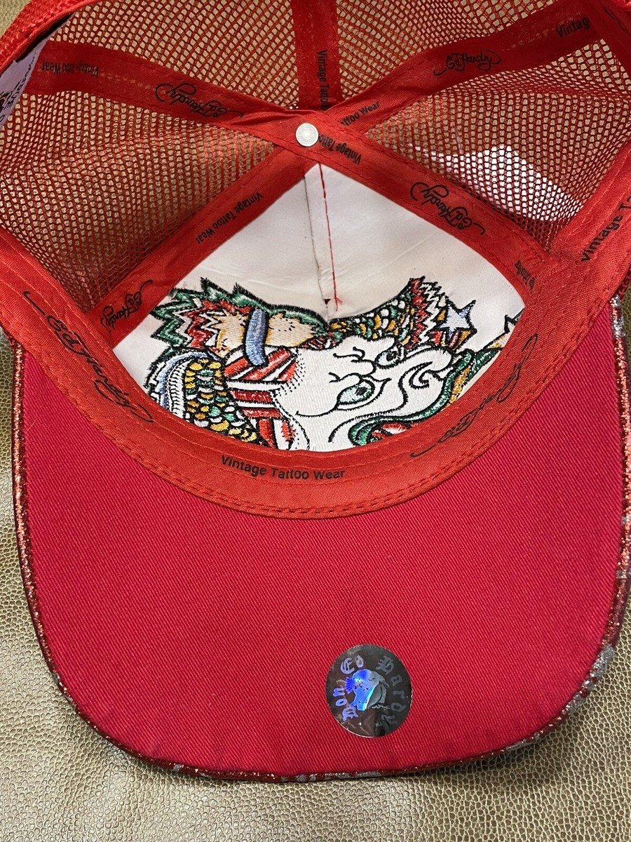 Vintage Ed Hardy Snap Back Trucker Hat Cap Bedazzled Embroidered Dragon Ed Hardy Red Glitter Dragon Hat NWT Y2K Truckers Style Hat  main image 4