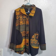 Ali Miles Cardigan Jacket Women M Black Sunflowers Button Artsy Boho Lagenlook