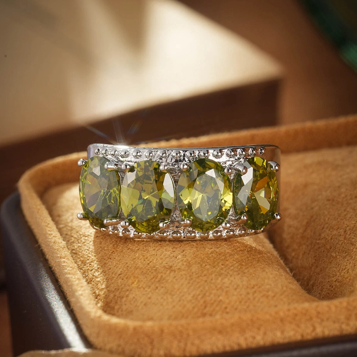 925 Silver Gemstone Ring Four Olive Green Zircon Rings Womens