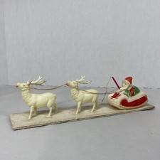 Vintage Original Celluloid Santa Claus Sitting in Sleigh Pulled by Reindeer