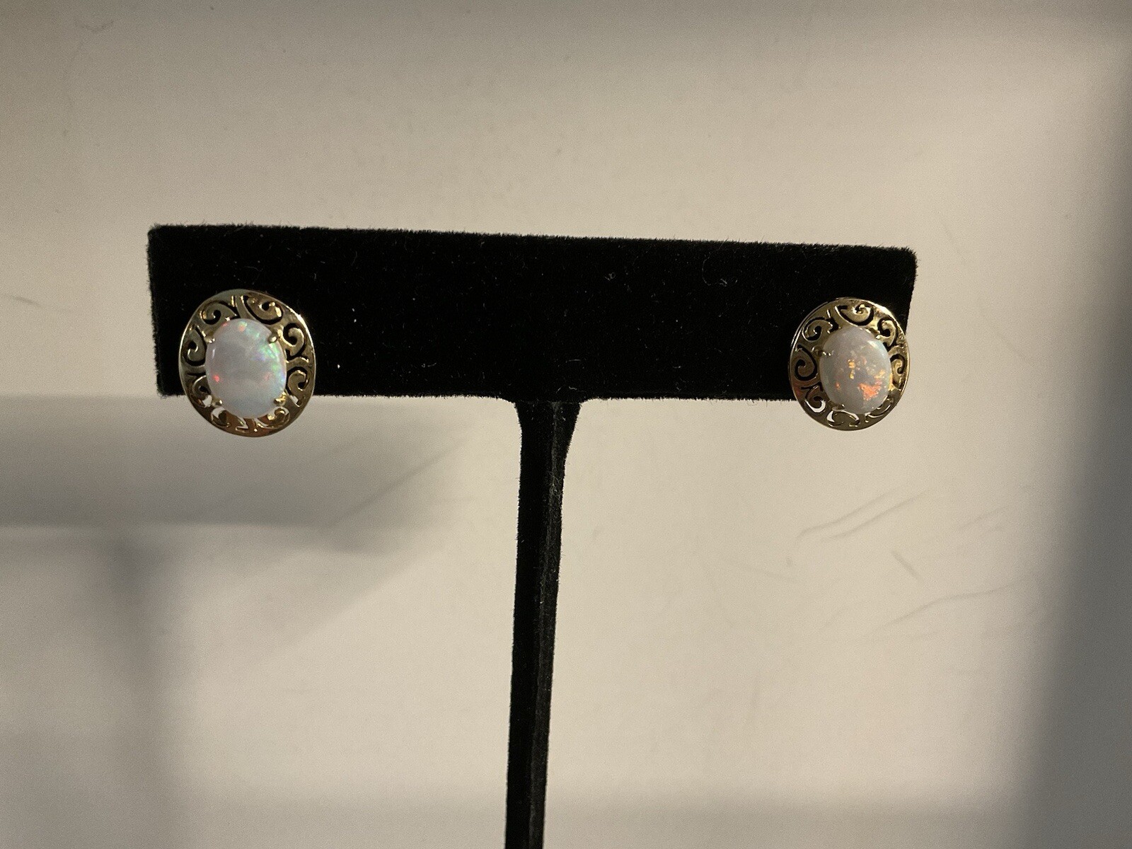 14K Solid Yellow Gold Oval Opal Stud Earrings - image 1