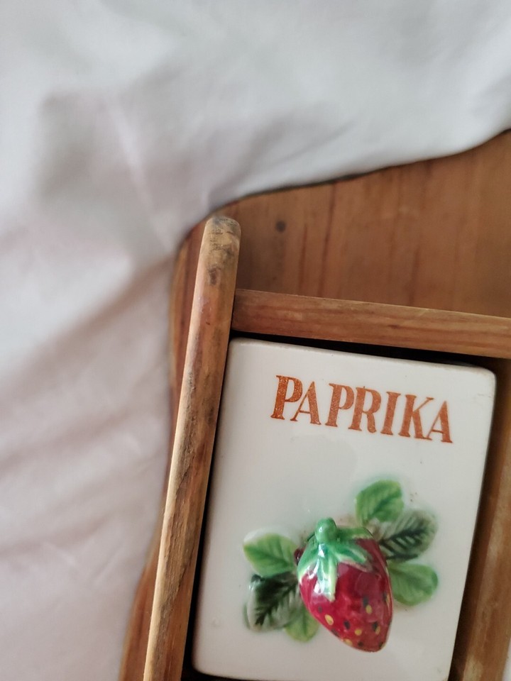 Vintage Strawberry Pulls Porcelain Spice Rack Wooden Wall Case Drawers