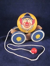 BRIERE Folk Art Pull Toy 1988 Circus Clown Ball & Cart Cradle