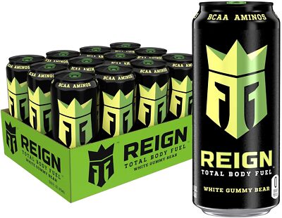 (12 Pack) REIGN Total Body Fuel Sports Energy Drink, White Gummy Bear, 16 Fl Oz