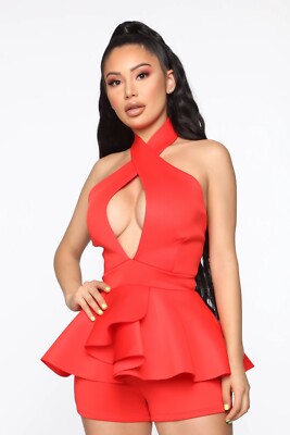 Fashion Nova RARE NWT NEW HOT SEXY Tomato Red Ruffle Halter Romper Short M