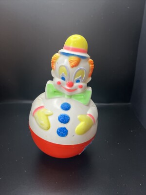 Vintage 1977 Sanitoy Plastic Roly Poly Rattle Wobble Clown Toy