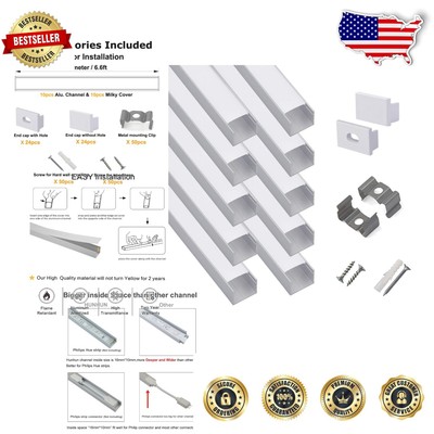 Complete LED Strip Channel System: 10-Pack 2m U-Shape with Milky Cover & Clips