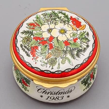 Halcyon Days Enamels Trinket Box Christmas 1983 Flowers Happiness & Peace