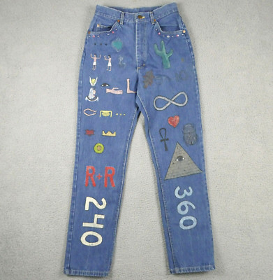 Vintage Lee High Waist Jeans Hand Painted Egyptian Art to Wear Studded 26 OOAK