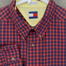 Tommy Hilfiger Button Up Shirt Mens Large Long Sleeve Red Blue Check Casual 