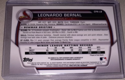 Leonardo Bernal 2023 Bowman Chrome Blue Raywave 1st Auto Card #034/150 - Imagen 2 de 2